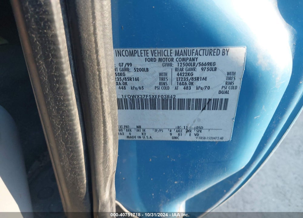 1999 FORD F-350 CHASSIS LARIAT/XL/XLT VIN: 1FDWX37F5XEF03842