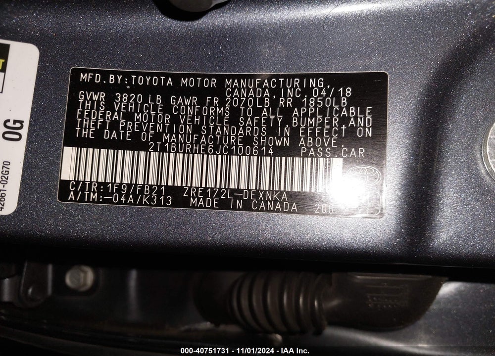 2018 TOYOTA COROLLA LE VIN: 2T1BURHE6JC100614