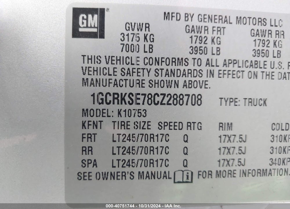 2012 CHEVROLET SILVERADO 1500 LT VIN: 1GCRKSE78CZ288708