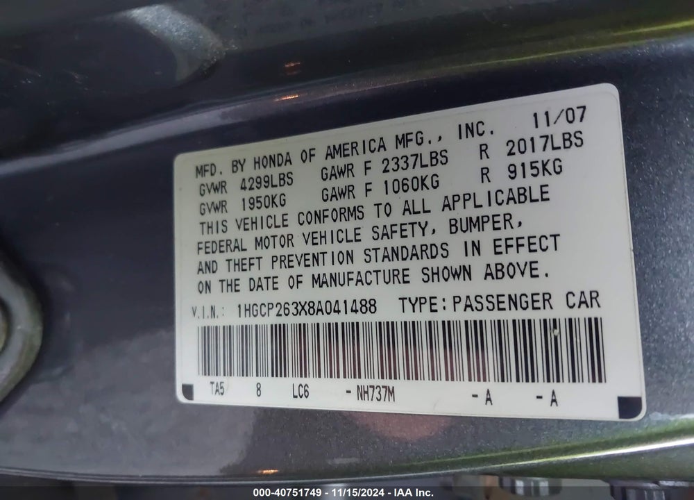 2008 HONDA ACCORD 2.4 LX VIN: 1HGCP263X8A041488
