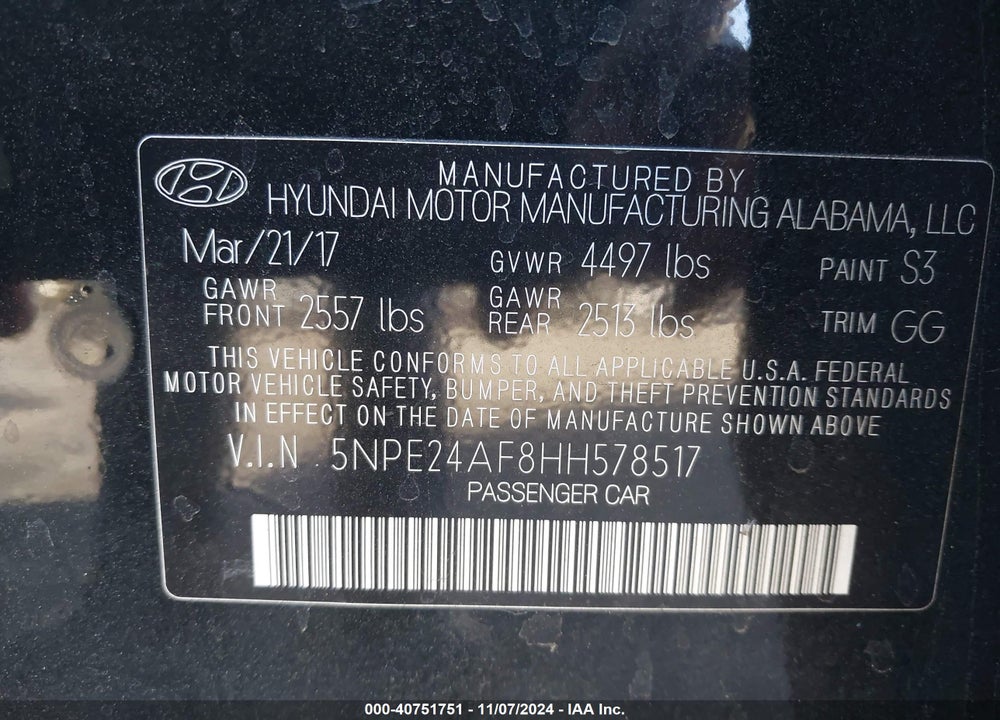 2017 HYUNDAI SONATA SE VIN: 5NPE24AF8HH578517