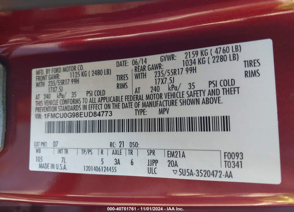 2014 FORD ESCAPE SE VIN: 1FMCU0G98EUD84773