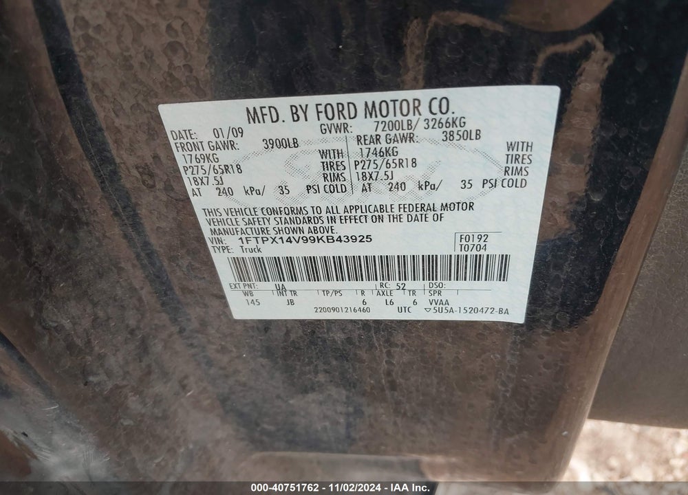 2009 FORD F-150 FX4/LARIAT/XL/XLT VIN: 1FTPX14V99KB43925