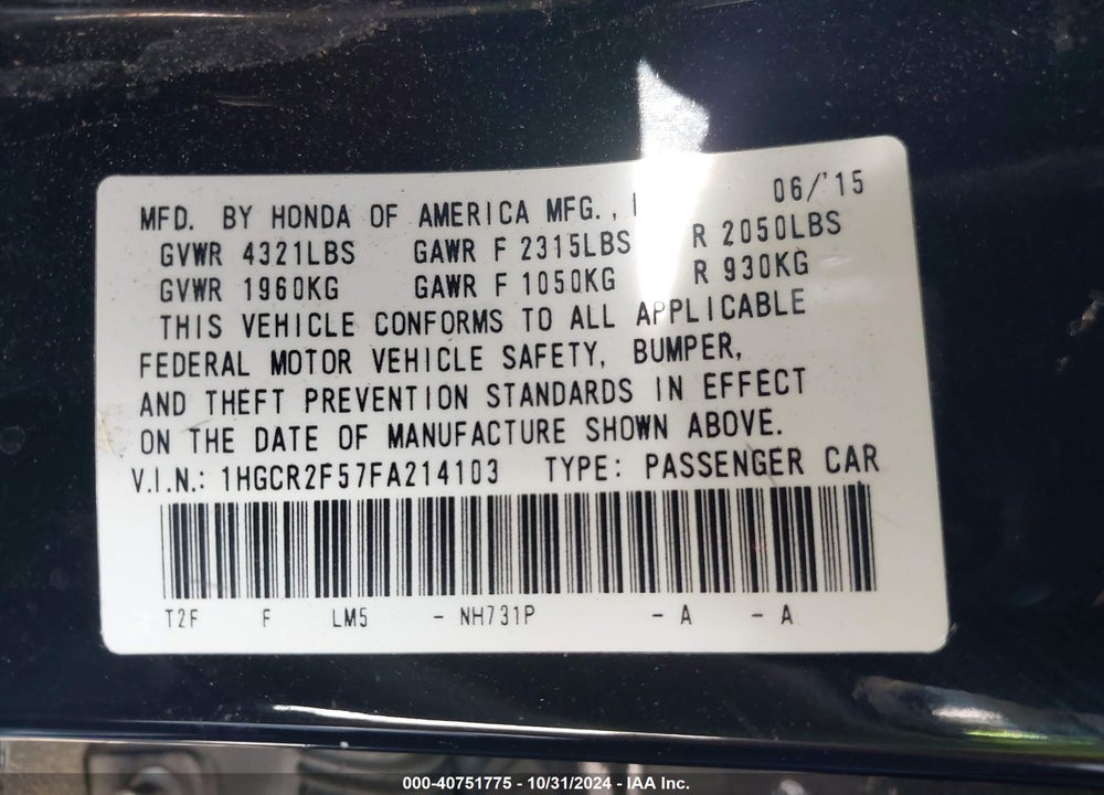 2015 HONDA ACCORD SPORT VIN: 1HGCR2F57FA214103