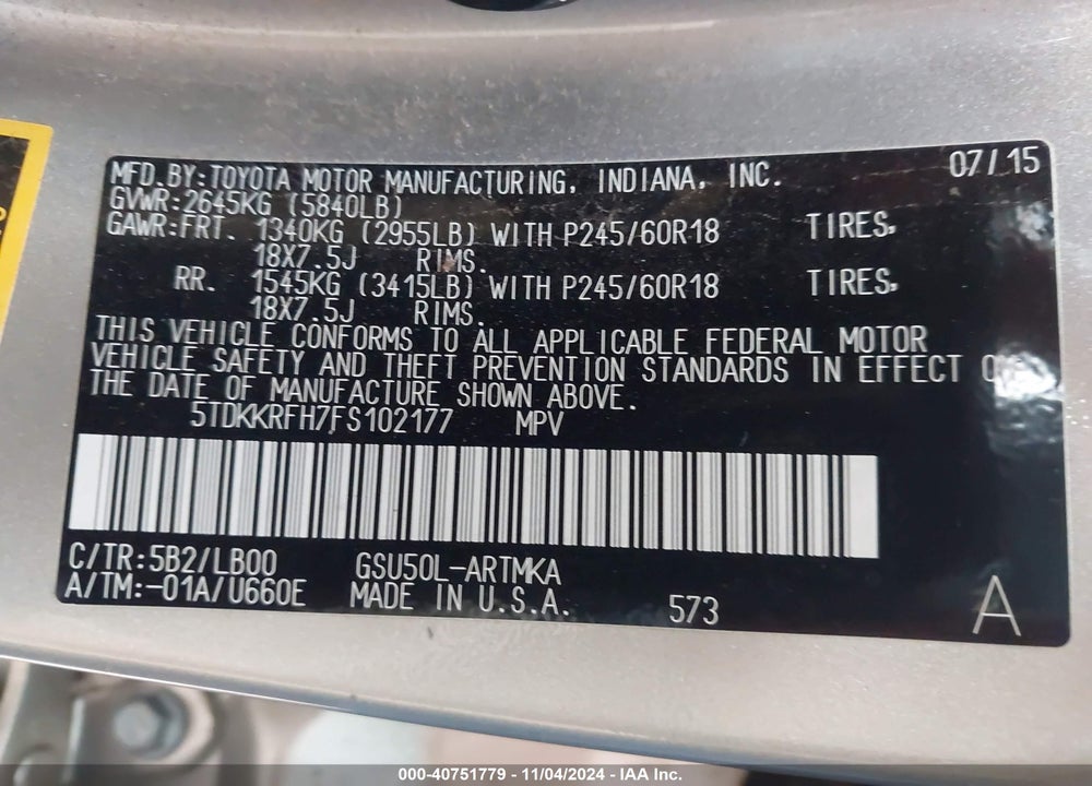 2015 TOYOTA HIGHLANDER XLE V6 VIN: 5TDKKRFH7FS102177
