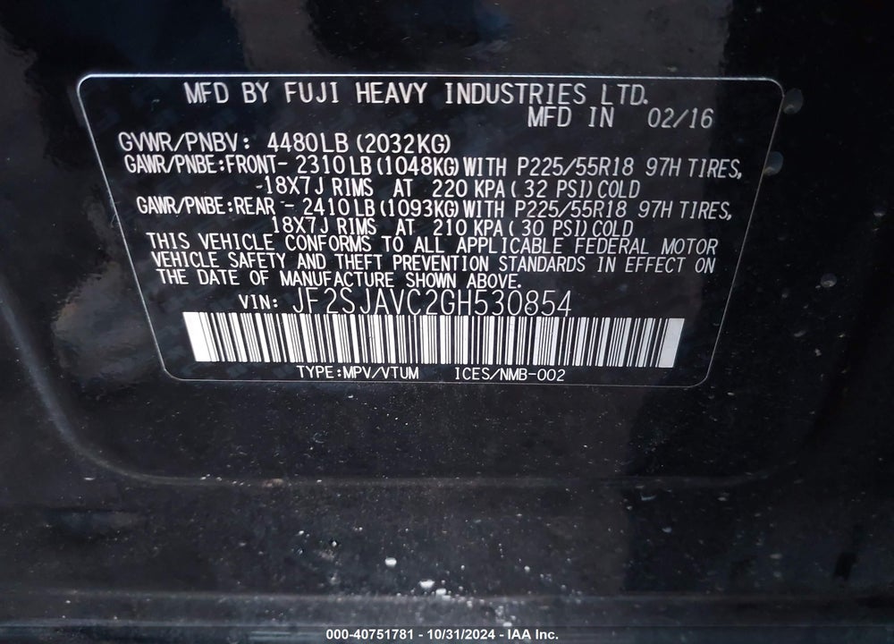 2016 SUBARU FORESTER 2.5I TOURING VIN: JF2SJAVC2GH530854