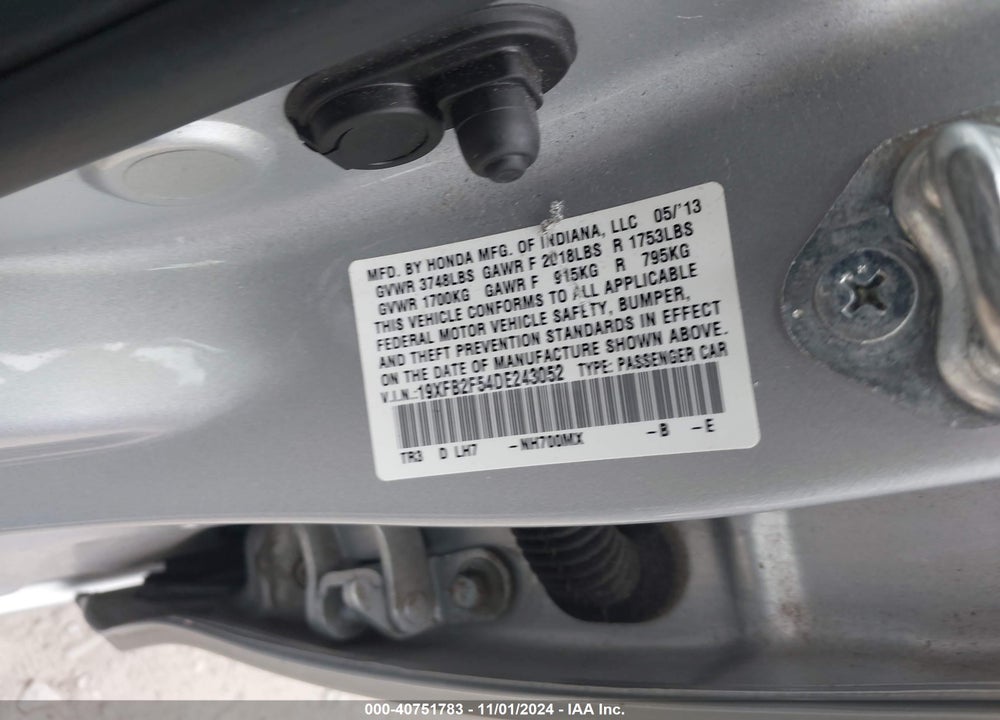 2013 HONDA CIVIC LX VIN: 19XFB2F54DE243052