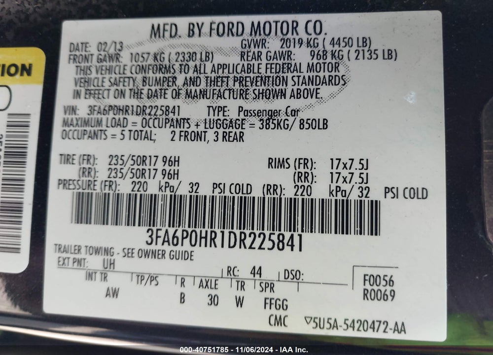 2013 FORD FUSION SE VIN: 3FA6P0HR1DR225841