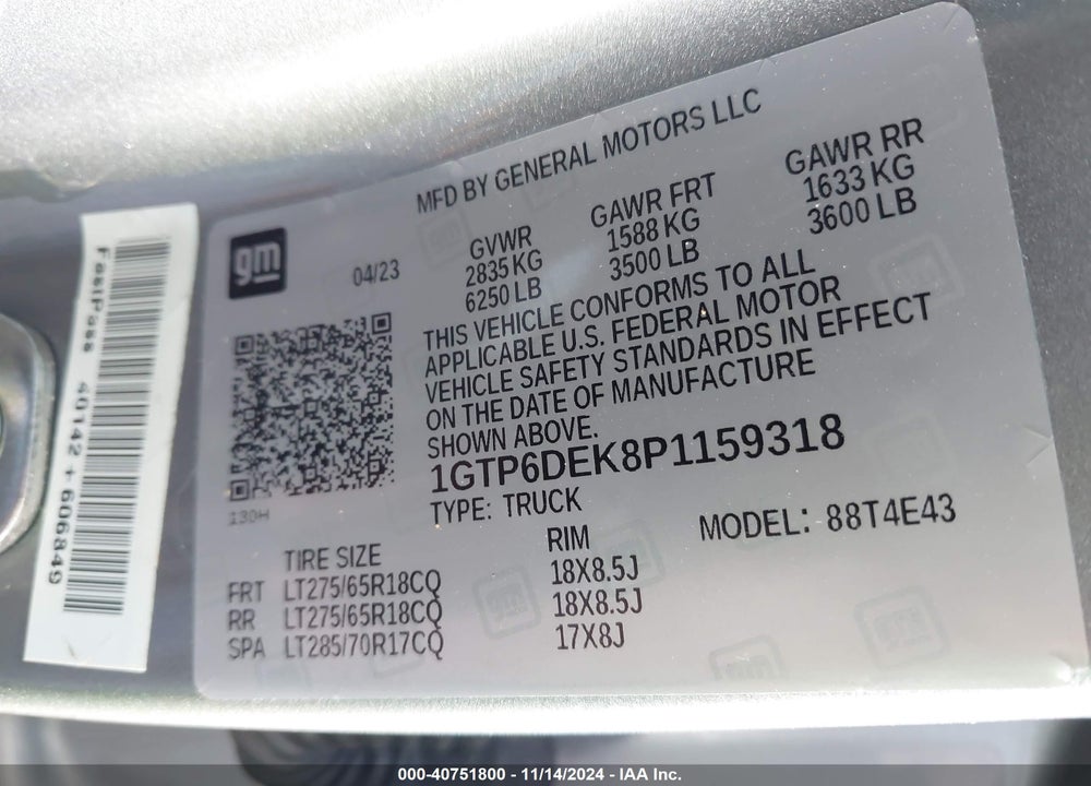 2023 GMC CANYON 4WD SHORT BOX AT4 VIN: 1GTP6DEK8P1159318