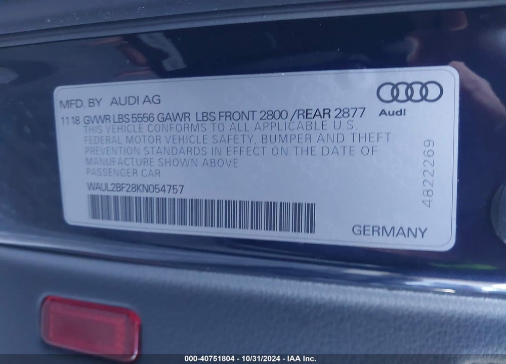2019 AUDI A6 55 PREMIUM VIN: WAUL2BF28KN054757
