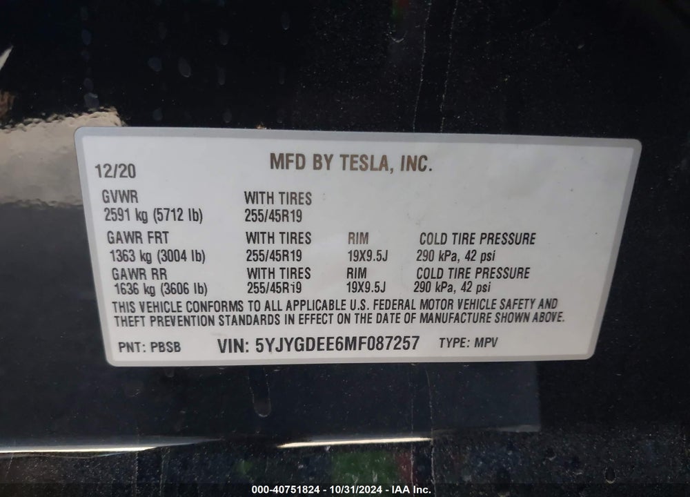 2021 TESLA MODEL Y LONG RANGE DUAL MOTOR ALL-WHEEL DRIVE VIN: 5YJYGDEE6MF087257
