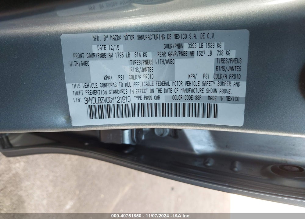 2016 SCION IA VIN: 3MYDLBZV0GY121910