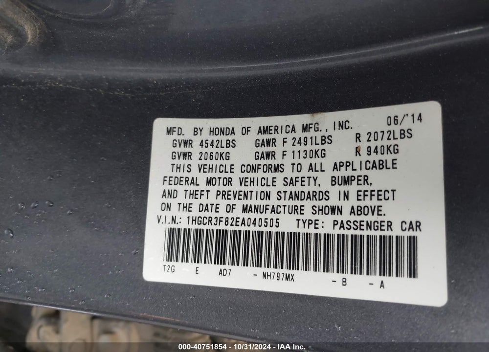 2014 HONDA ACCORD EX-L V-6 VIN: 1HGCR3F82EA040505