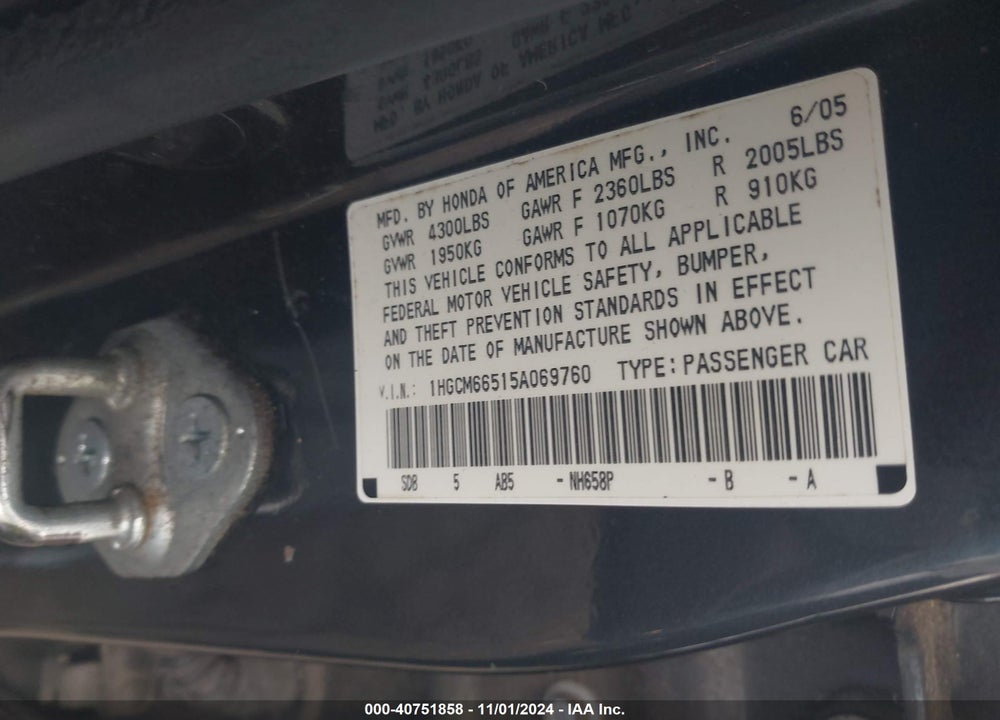 2005 HONDA ACCORD 3.0 EX VIN: 1HGCM66515A069760