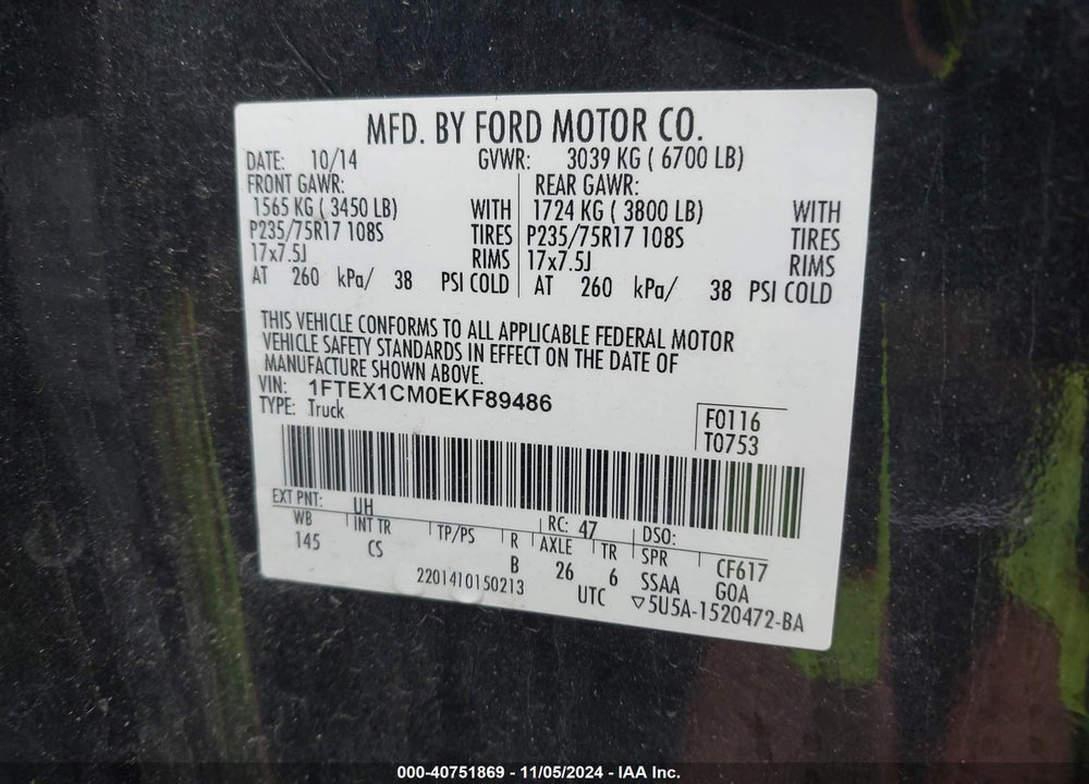 2014 FORD F-150 STX VIN: 1FTEX1CM0EKF89486