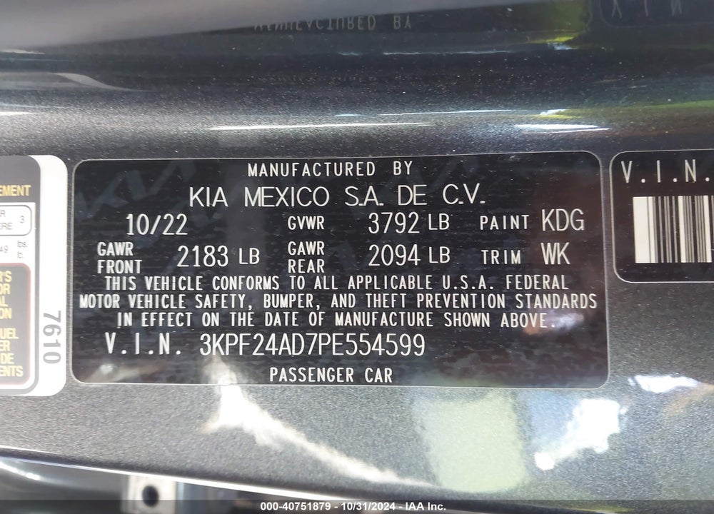 2023 KIA FORTE LXS VIN: 3KPF24AD7PE554599