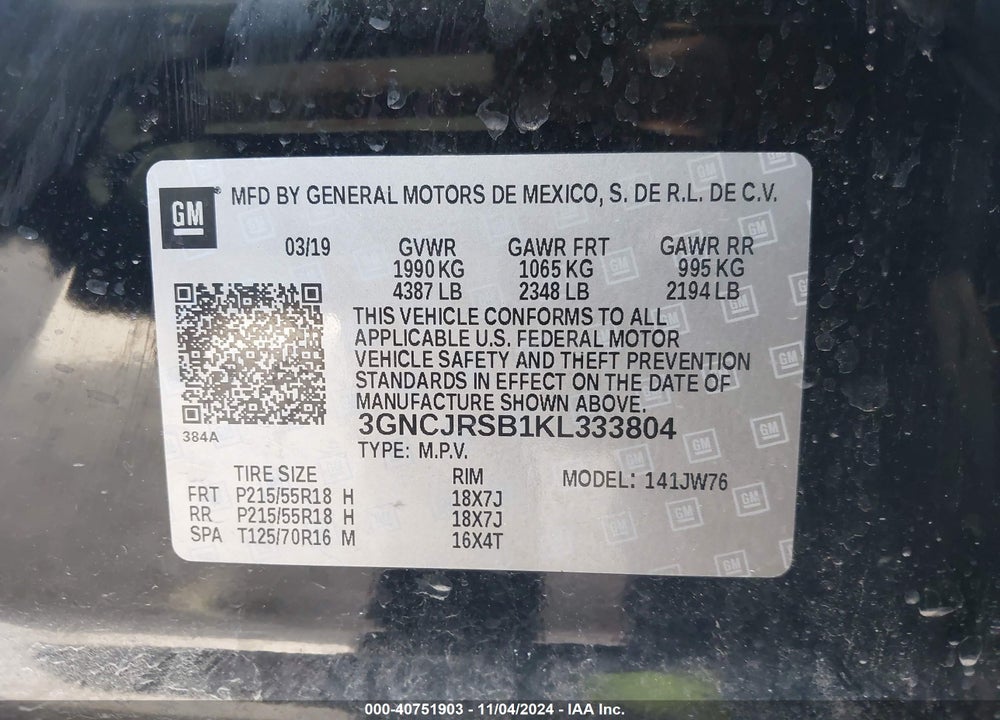 2019 CHEVROLET TRAX PREMIER VIN: 3GNCJRSB1KL333804