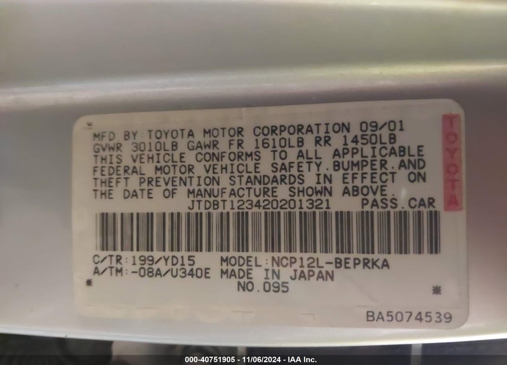 2002 TOYOTA ECHO VIN: JTDBT123420201321
