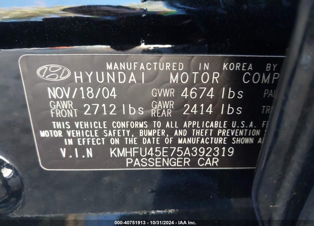 2005 HYUNDAI XG350 L VIN: KMHFU45E75A392319