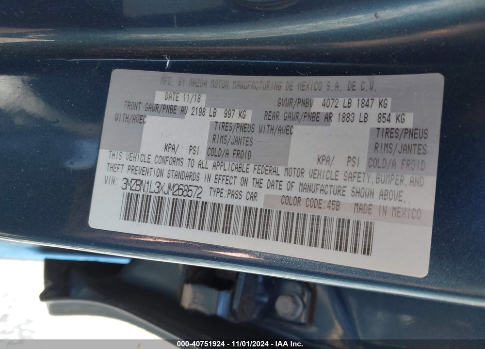 2018 MAZDA 3 TOURING VIN: 3MZBN1L3XJM268572