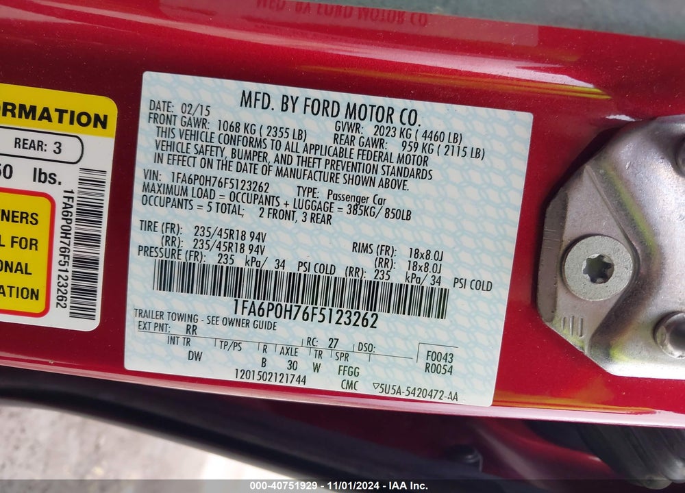2015 FORD FUSION SE VIN: 1FA6P0H76F5123262