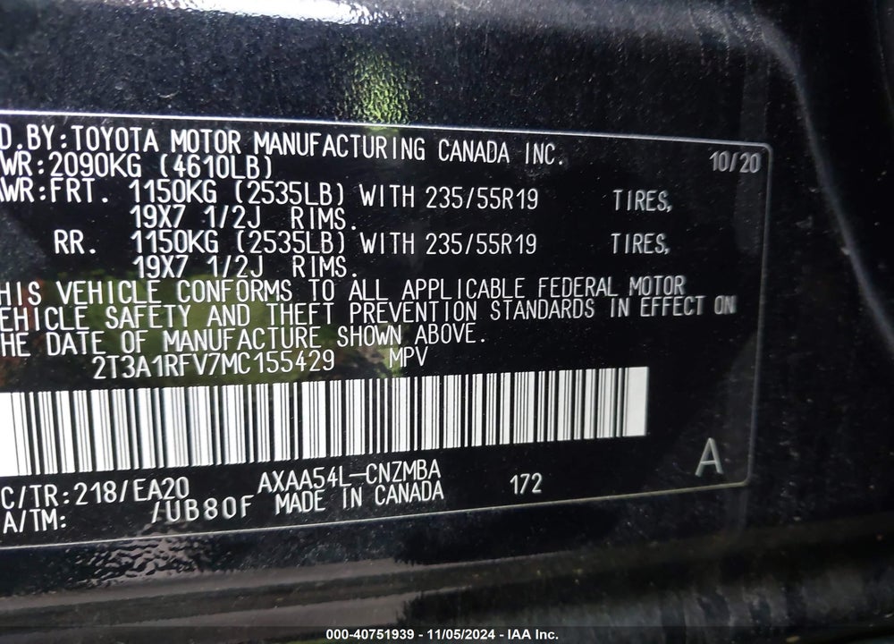 2021 TOYOTA RAV4 XLE PREMIUM VIN: 2T3A1RFV7MC155429