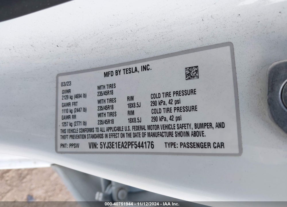2023 TESLA MODEL 3 REAR-WHEEL DRIVE VIN: 5YJ3E1EA2PF544176