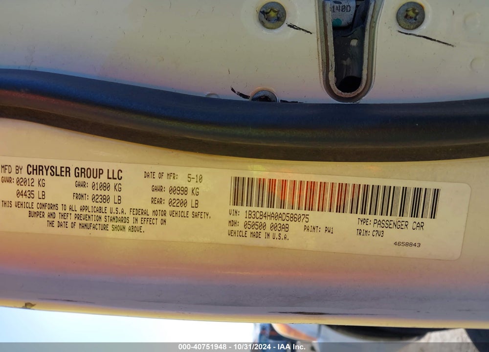 2010 DODGE CALIBER SXT VIN: 1B3CB4HA0AD586075