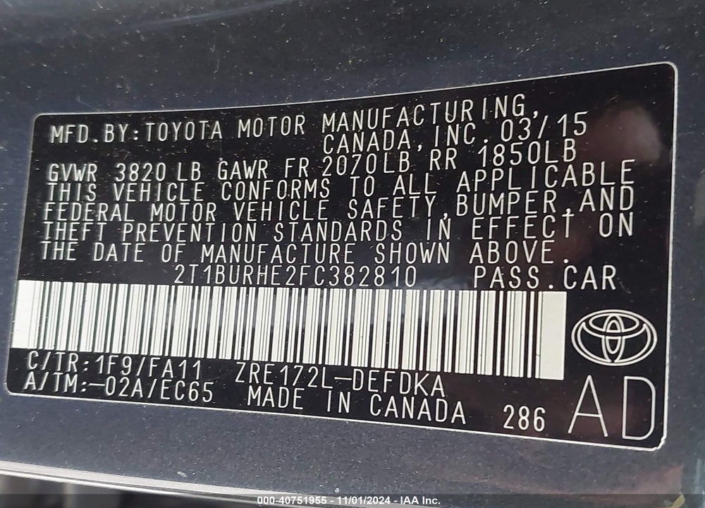 2015 TOYOTA COROLLA L VIN: 2T1BURHE2FC382810