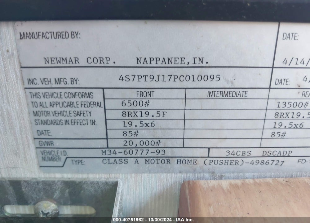 1993 SPARTAN MOTORS MOTORHOME VIN: 4S7PT9J17PC010095