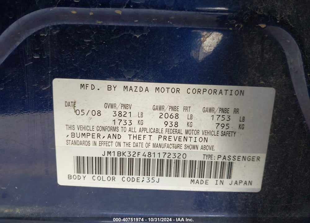 2008 MAZDA 3 I SPORT VIN: JM1BK32F481172320