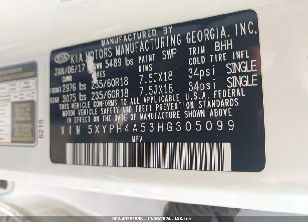 2017 KIA SORENTO 3.3L EX VIN: 5XYPH4A53HG305099
