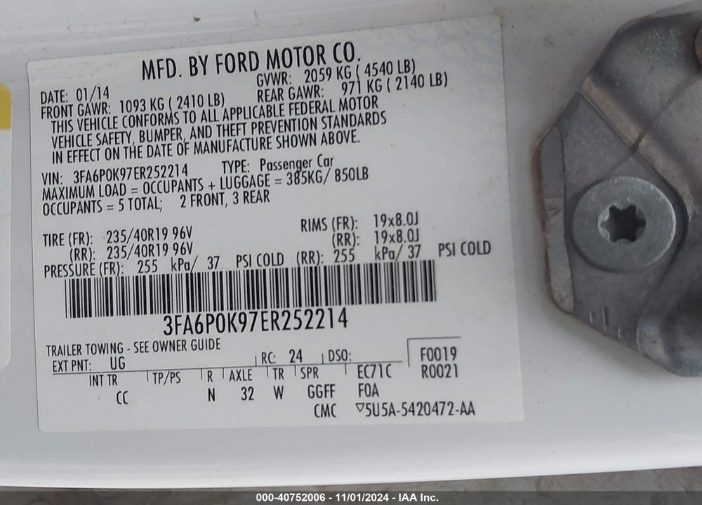 2014 FORD FUSION TITANIUM VIN: 3FA6P0K97ER252214