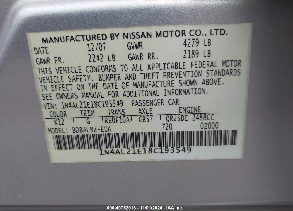 2008 NISSAN ALTIMA 2.5 S VIN: 1N4AL21E18C193549