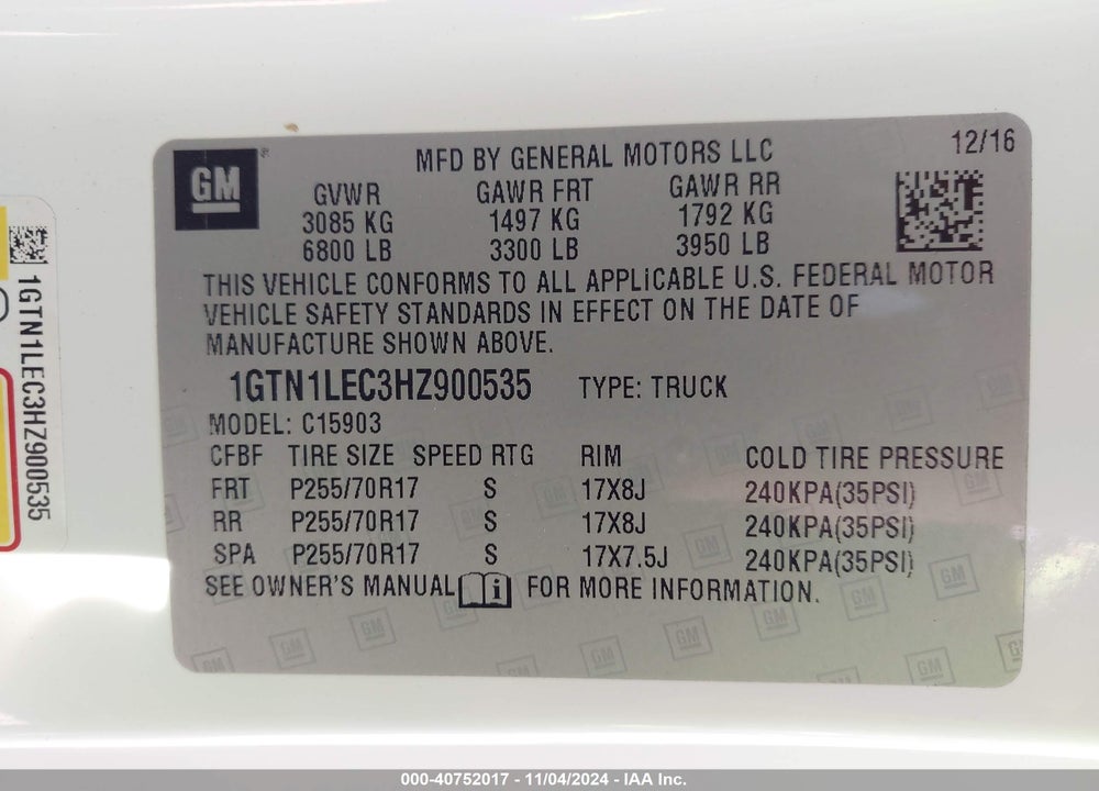 2017 GMC SIERRA 1500 VIN: 1GTN1LEC3HZ900535