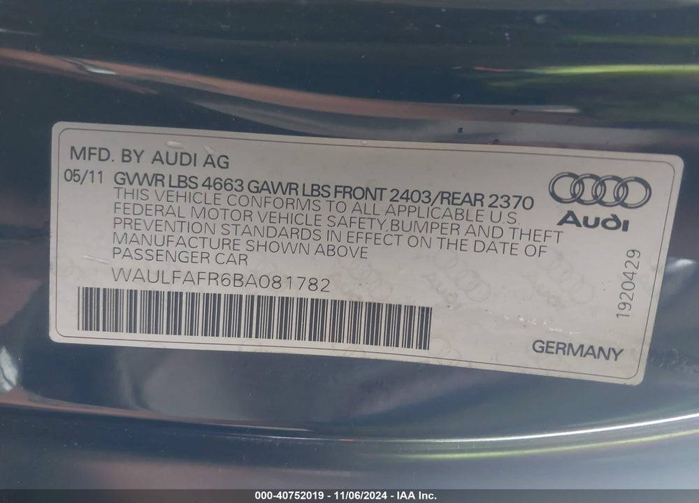 2011 AUDI A5 2.0T PREMIUM VIN: WAULFAFR6BA081782