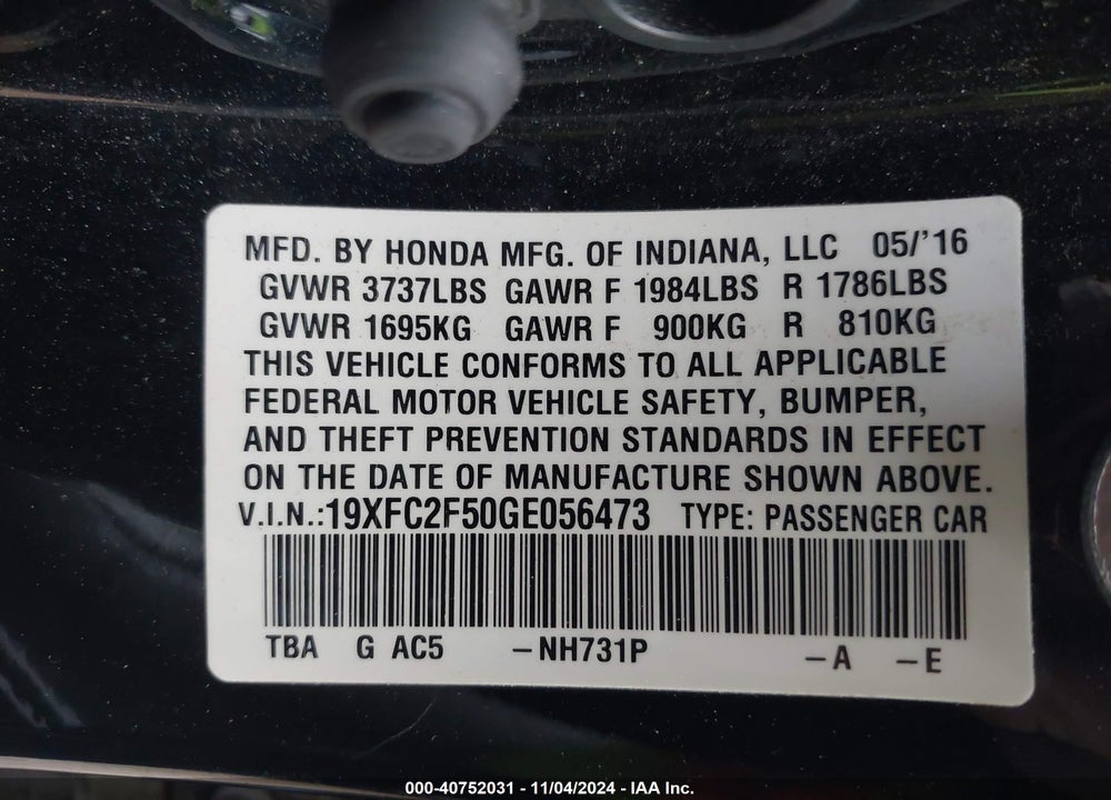 2016 HONDA CIVIC LX VIN: 19XFC2F50GE056473
