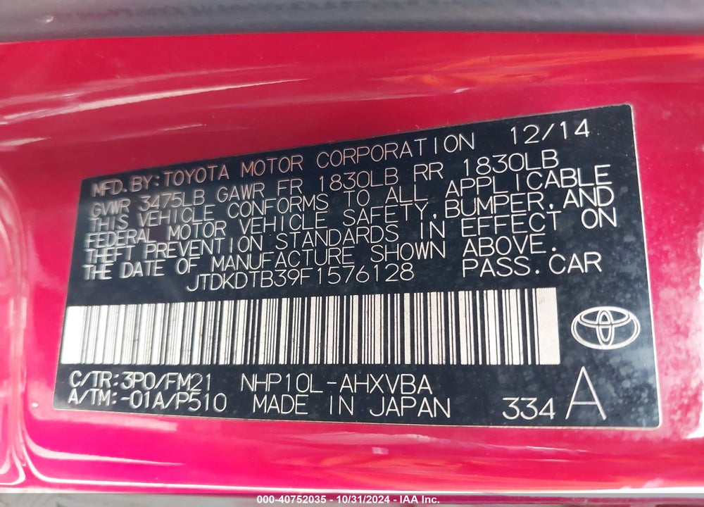 2015 TOYOTA PRIUS C TWO VIN: JTDKDTB39F1576128