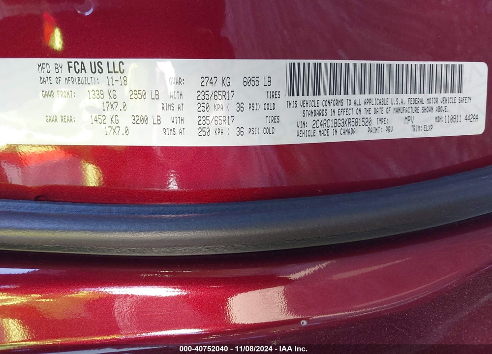 2019 CHRYSLER PACIFICA TOURING L VIN: 2C4RC1BG3KR581520