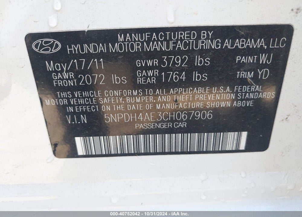 2012 HYUNDAI ELANTRA GLS VIN: 5NPDH4AE3CH067906