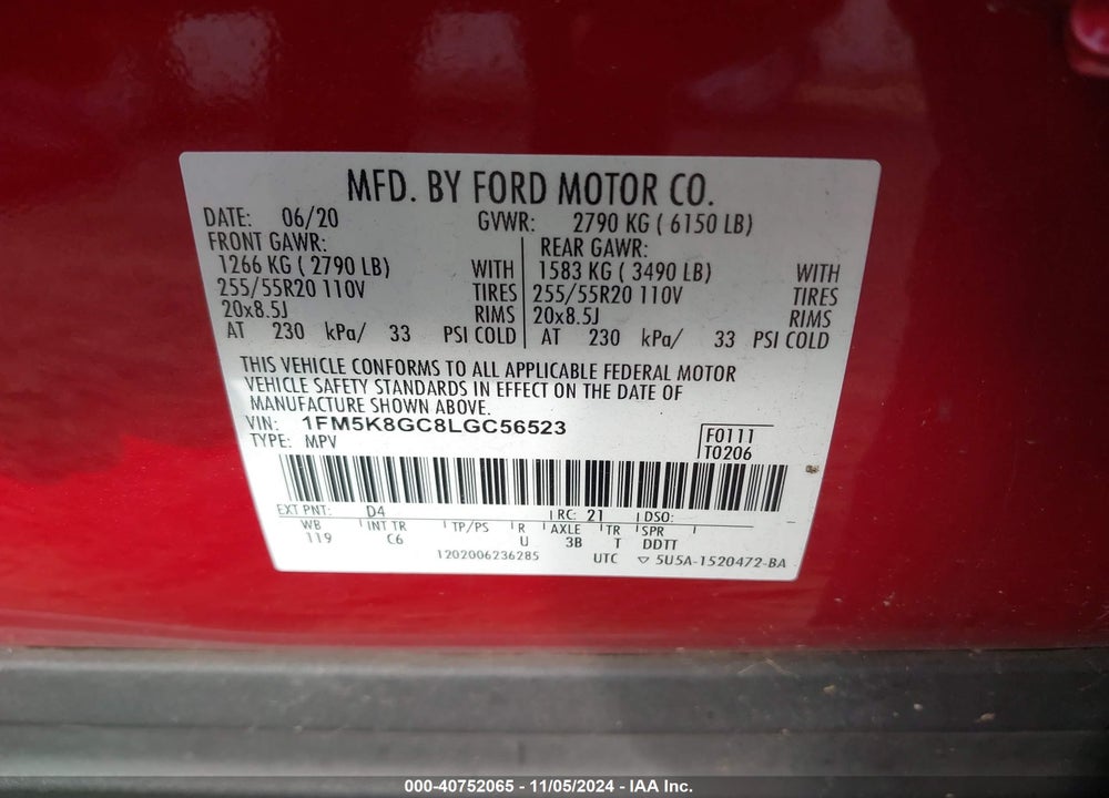 2020 FORD EXPLORER ST VIN: 1FM5K8GC8LGC56523