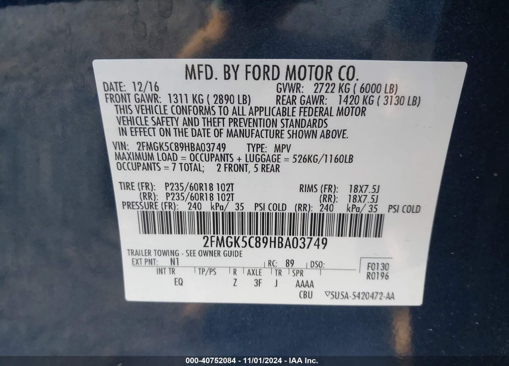 2017 FORD FLEX SEL VIN: 2FMGK5C89HBA03749