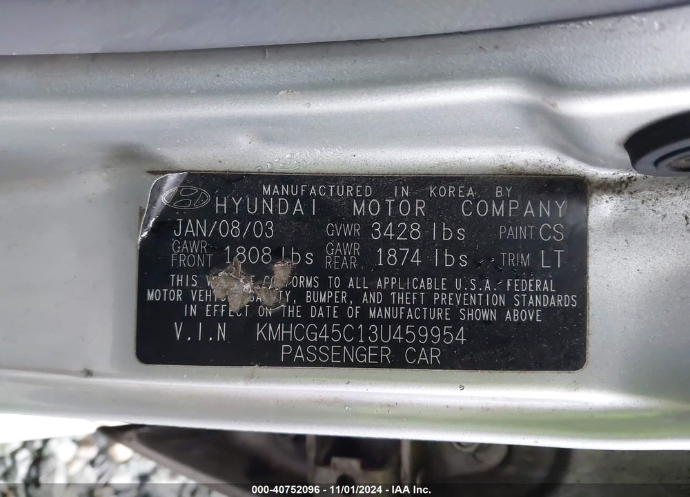 2003 HYUNDAI ACCENT GL VIN: KMHCG45C13U459954