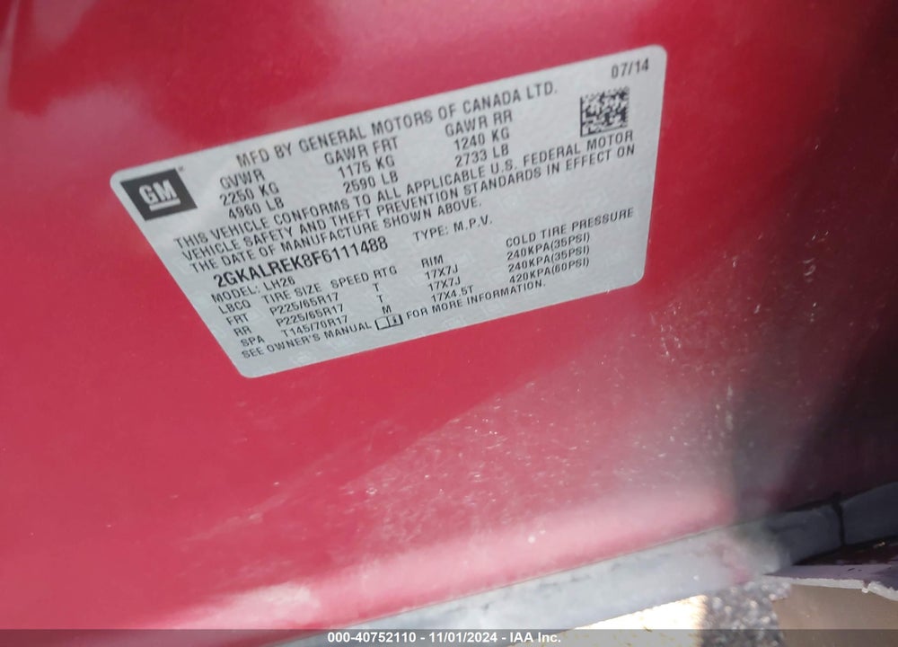 2015 GMC TERRAIN SLE-2 VIN: 2GKALREK8F6111488