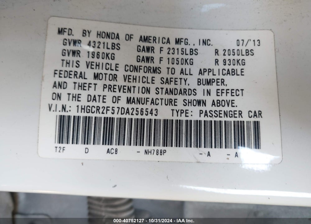2013 HONDA ACCORD SPORT VIN: 1HGCR2F57DA256543