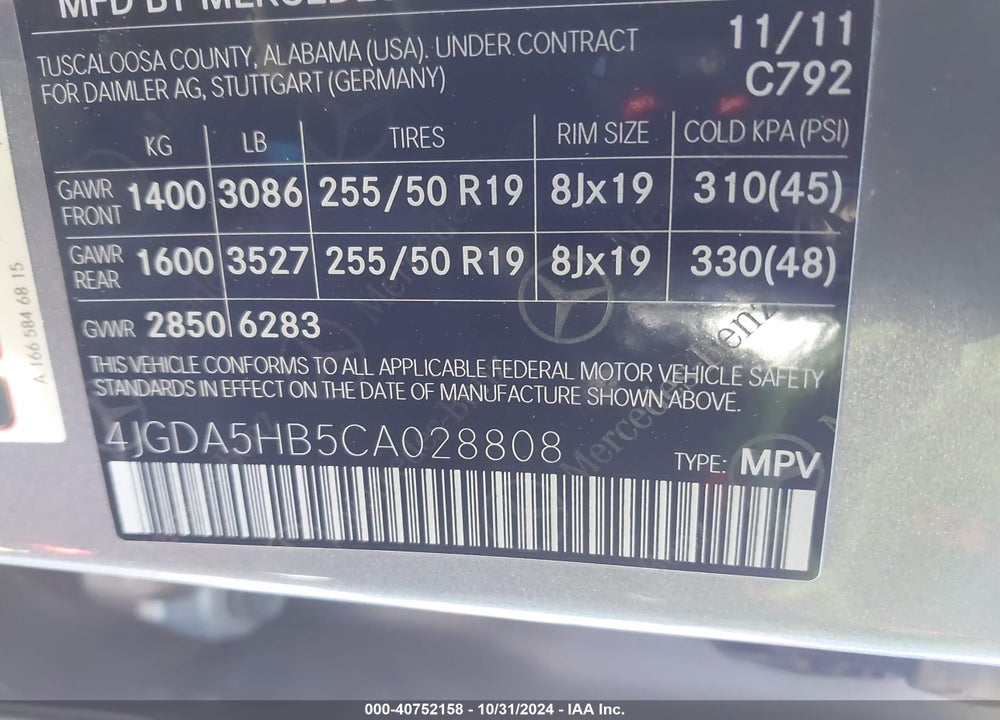 2012 MERCEDES-BENZ ML 350 4MATIC VIN: 4JGDA5HB5CA028808