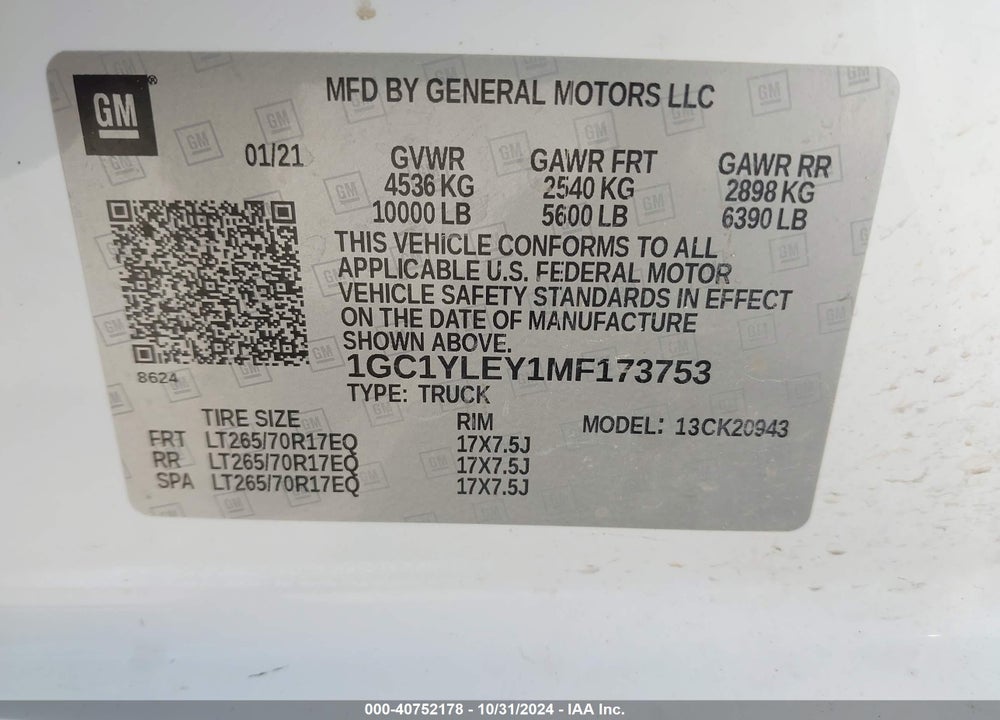 2021 CHEVROLET SILVERADO 2500HD 4WD LONG BED WT VIN: 1GC1YLEY1MF173753