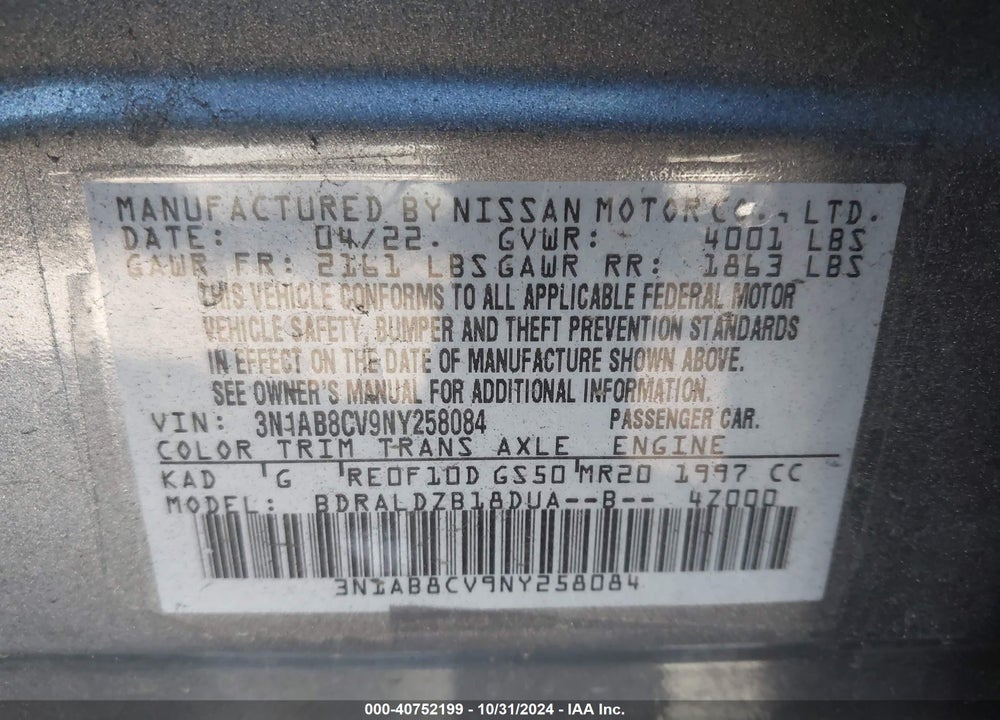 2022 NISSAN SENTRA SV XTRONIC CVT VIN: 3N1AB8CV9NY258084