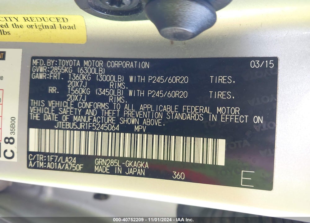 2015 TOYOTA 4RUNNER LIMITED VIN: JTEBU5JR1F5245064