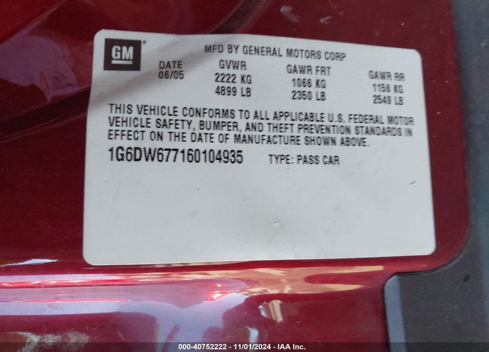 2006 CADILLAC STS V6 VIN: 1G6DW677160104935